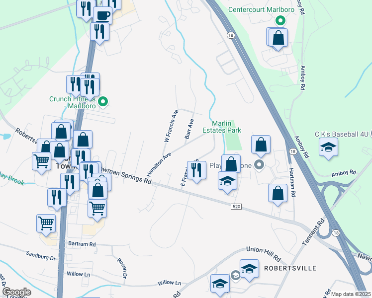 map of restaurants, bars, coffee shops, grocery stores, and more near 22 Hamilton Avenue in Marlboro Township
