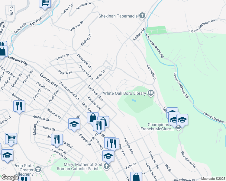map of restaurants, bars, coffee shops, grocery stores, and more near 1311 Delaware Avenue in White Oak