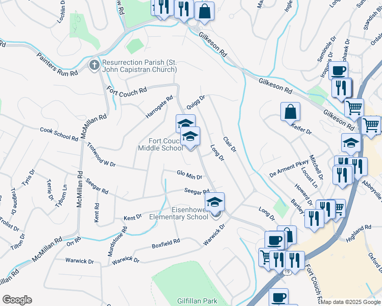 map of restaurants, bars, coffee shops, grocery stores, and more near 515 Fort Couch Road in Upper Saint Clair