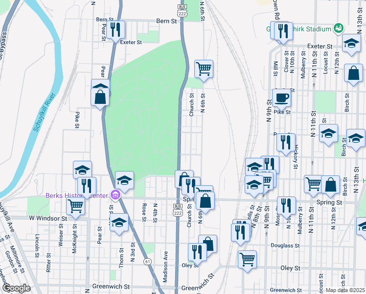 map of restaurants, bars, coffee shops, grocery stores, and more near 1211 North 5th Street in Reading