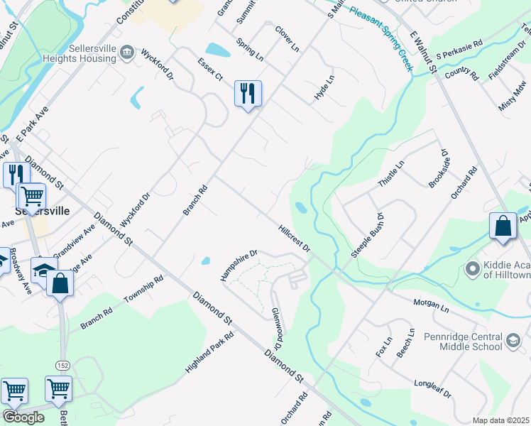 map of restaurants, bars, coffee shops, grocery stores, and more near 611 Hillcrest Drive in Perkasie