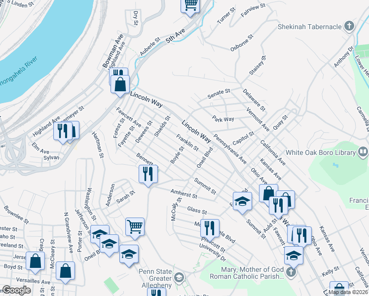 map of restaurants, bars, coffee shops, grocery stores, and more near 945 Franklin Street in McKeesport