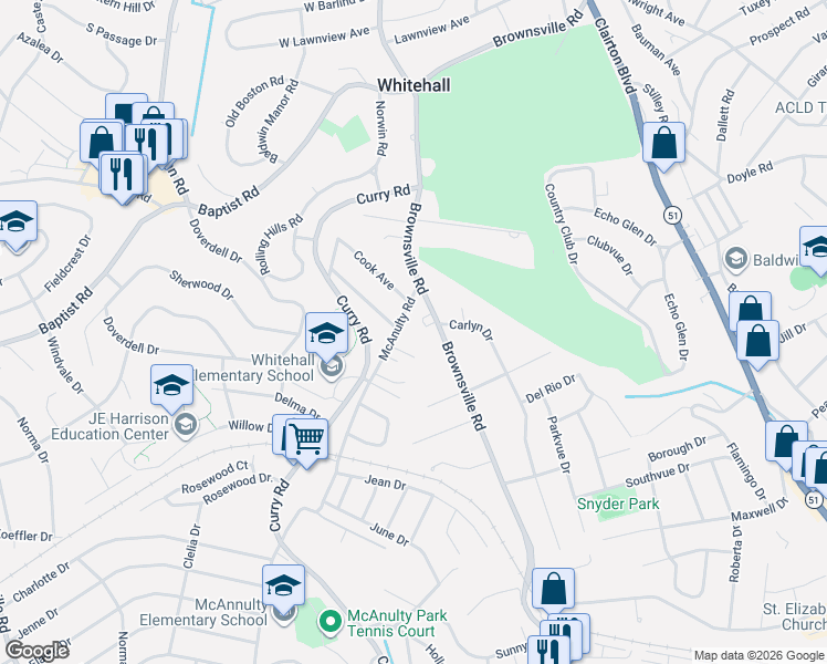 map of restaurants, bars, coffee shops, grocery stores, and more near 4710 Brownsville Road in Pittsburgh