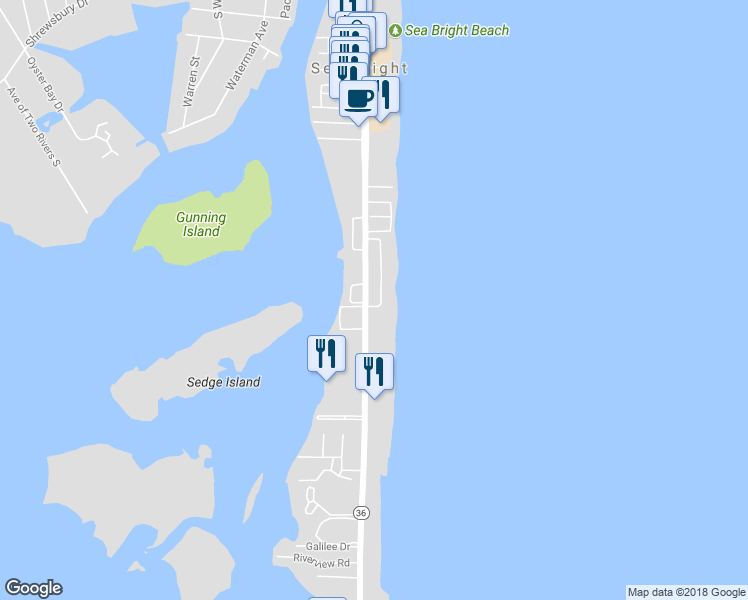 map of restaurants, bars, coffee shops, grocery stores, and more near 18 Tradewinds Lane in Rumson