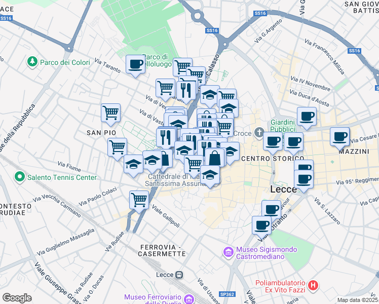 map of restaurants, bars, coffee shops, grocery stores, and more near 45 Viale dell'Università in Lecce