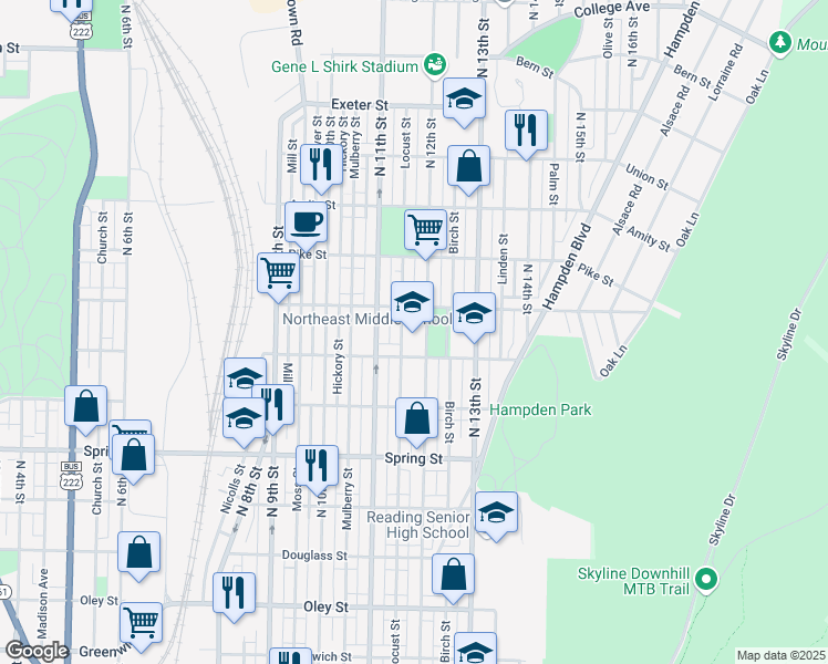 map of restaurants, bars, coffee shops, grocery stores, and more near 1200 North 12th Street in Reading