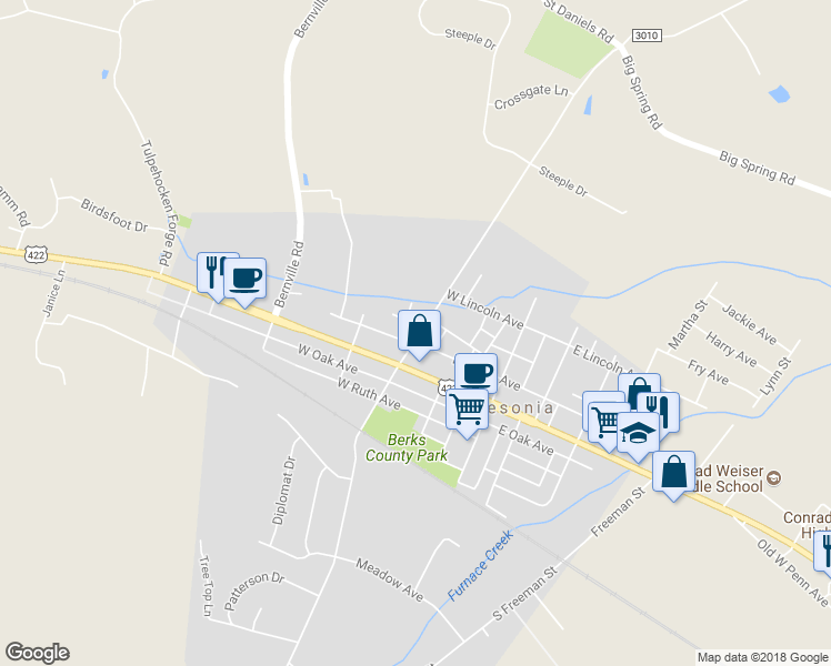 map of restaurants, bars, coffee shops, grocery stores, and more near 34 North Church Street in Robesonia