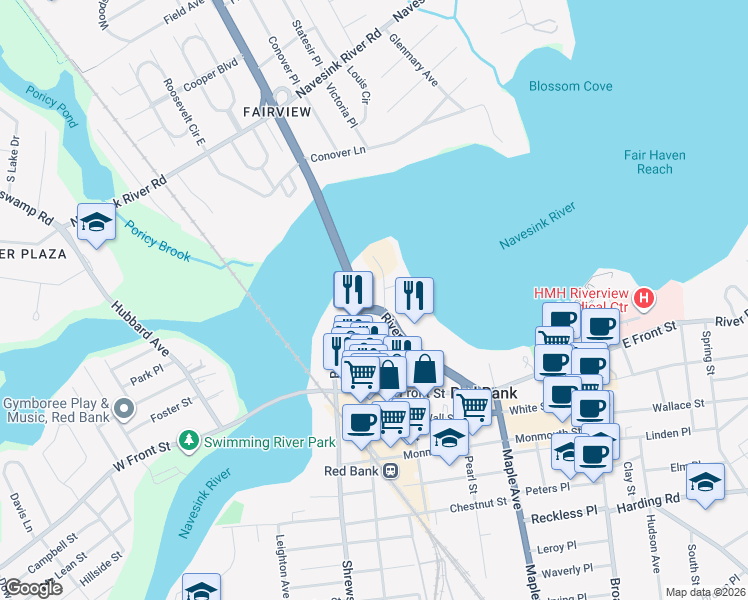 map of restaurants, bars, coffee shops, grocery stores, and more near 130 Bodman Place in Red Bank