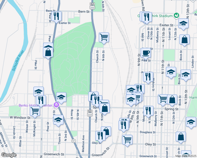 map of restaurants, bars, coffee shops, grocery stores, and more near 1232 North 6th Street in Reading