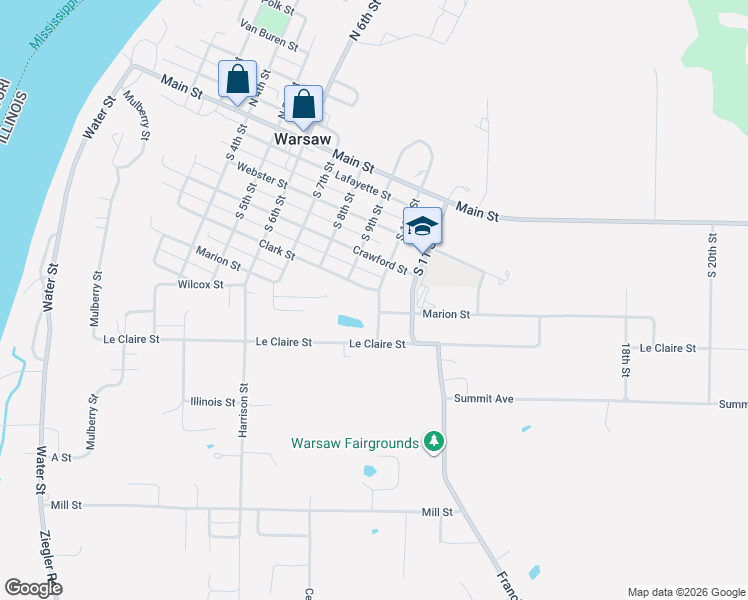 map of restaurants, bars, coffee shops, grocery stores, and more near 510 South 10th Street in Warsaw
