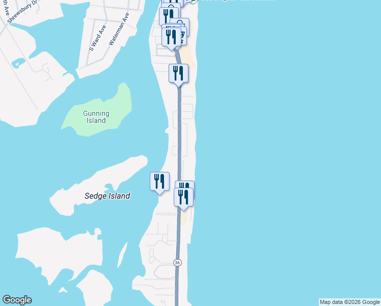 map of restaurants, bars, coffee shops, grocery stores, and more near 15 Tradewinds Lane in Sea Bright