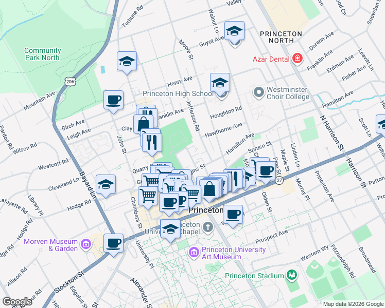 map of restaurants, bars, coffee shops, grocery stores, and more near 38-40 Jefferson Road in Princeton