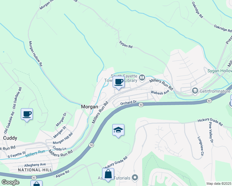 map of restaurants, bars, coffee shops, grocery stores, and more near 540 Millers Run Road in Morgan