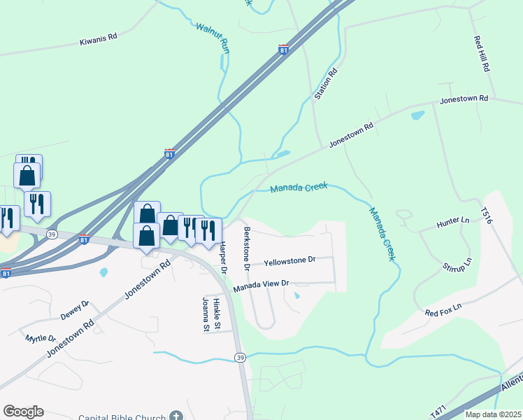 map of restaurants, bars, coffee shops, grocery stores, and more near 8016 Redstone Drive in Harrisburg