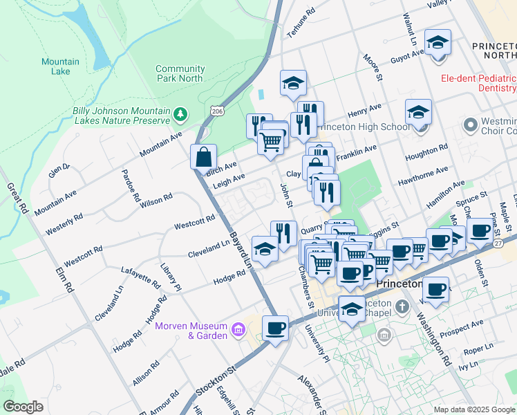 map of restaurants, bars, coffee shops, grocery stores, and more near 334 South Stanworth Drive in Princeton