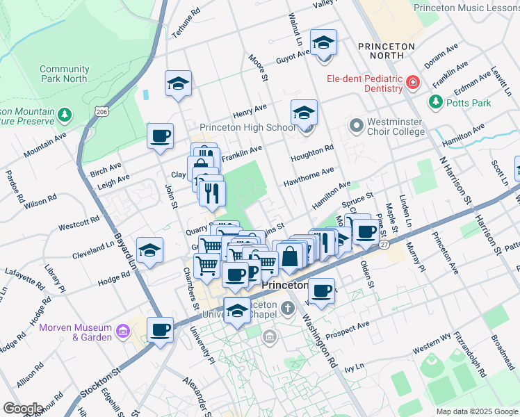 map of restaurants, bars, coffee shops, grocery stores, and more near 38-40 Jefferson Road in Princeton