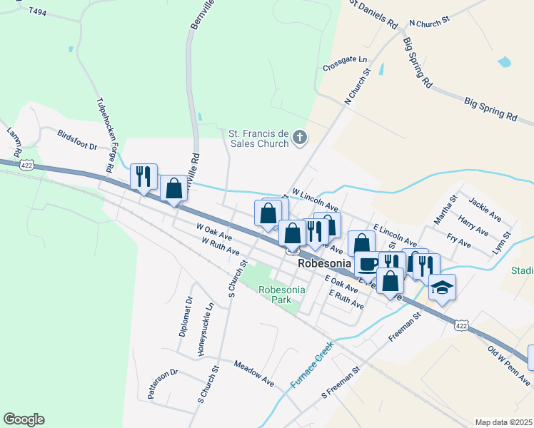 map of restaurants, bars, coffee shops, grocery stores, and more near 34 North Church Street in Robesonia