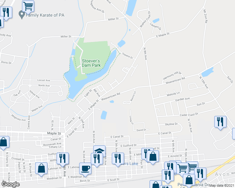 map of restaurants, bars, coffee shops, grocery stores, and more near 525 Weavertown Road in Lebanon