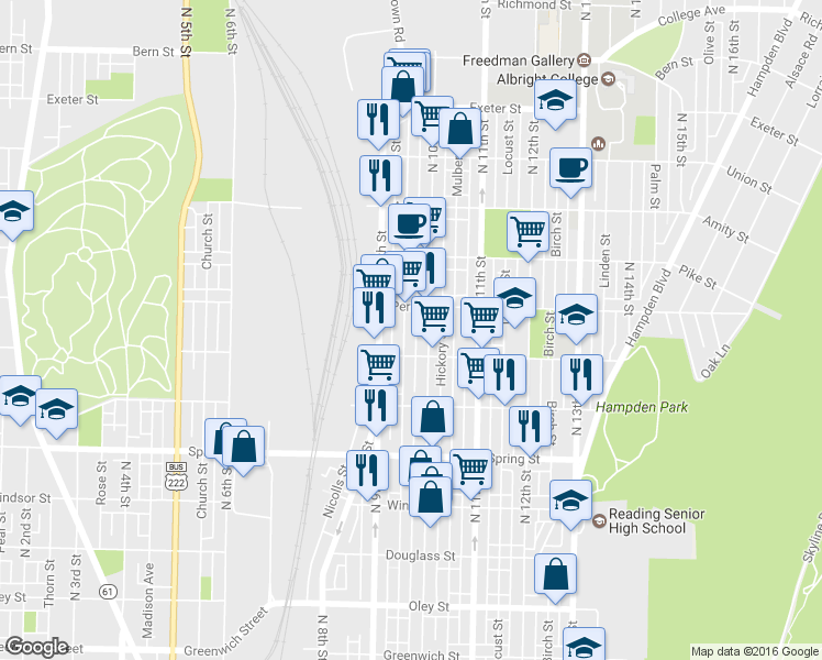 map of restaurants, bars, coffee shops, grocery stores, and more near 1233 Moss Street in Reading