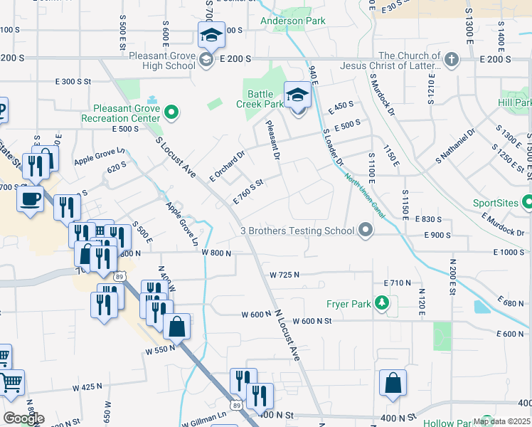 map of restaurants, bars, coffee shops, grocery stores, and more near 820 East 820 South in Pleasant Grove