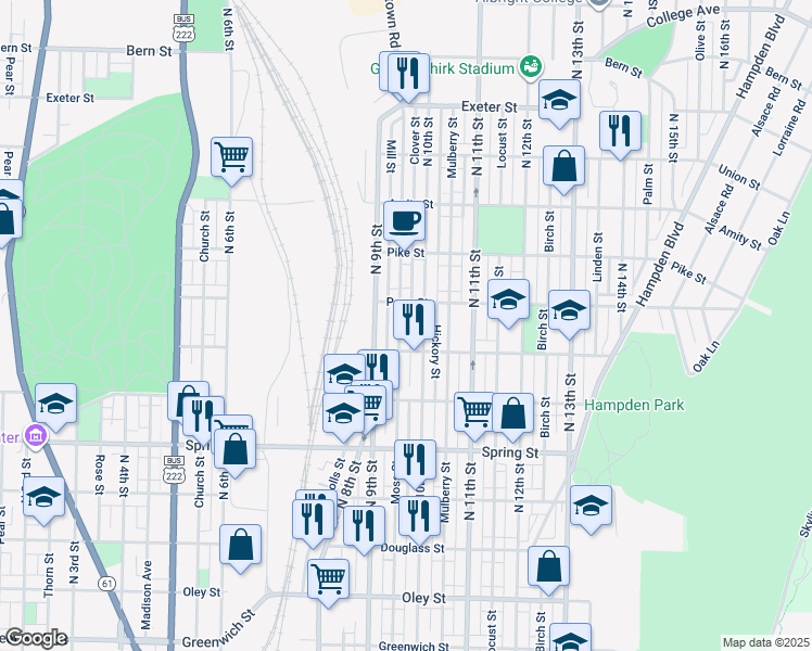 map of restaurants, bars, coffee shops, grocery stores, and more near 1233 Moss Street in Reading