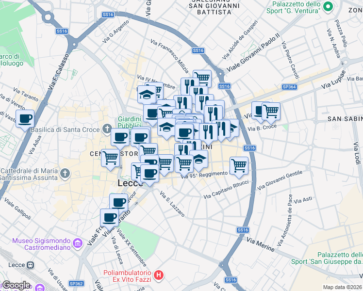 map of restaurants, bars, coffee shops, grocery stores, and more near 13 Piazza Mazzini Giuseppe in Lecce