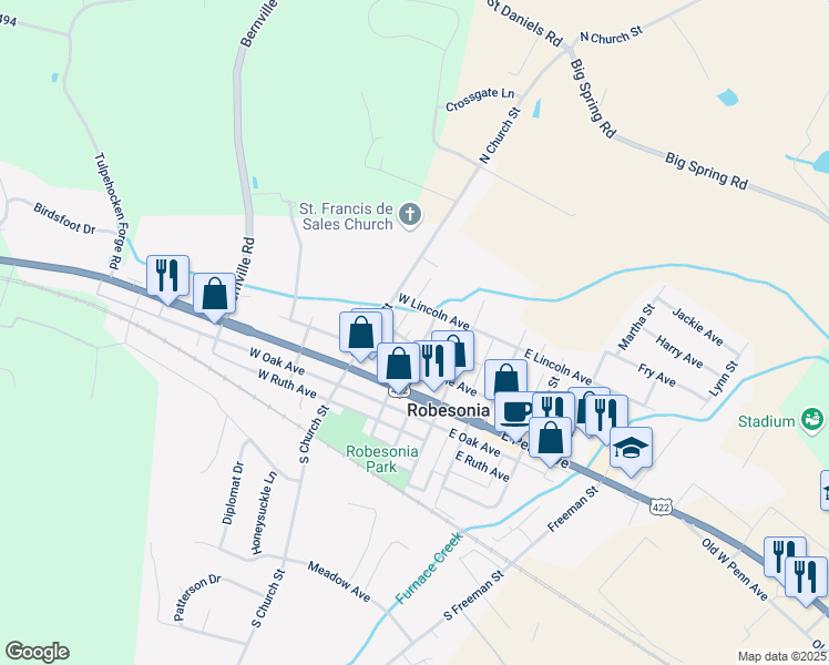 map of restaurants, bars, coffee shops, grocery stores, and more near 104 West Lincoln Avenue in Robesonia