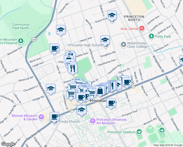 map of restaurants, bars, coffee shops, grocery stores, and more near 38-40 Jefferson Road in Princeton
