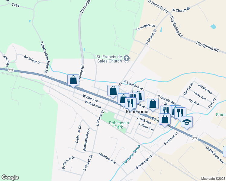 map of restaurants, bars, coffee shops, grocery stores, and more near 220 West Maple Avenue in Robesonia