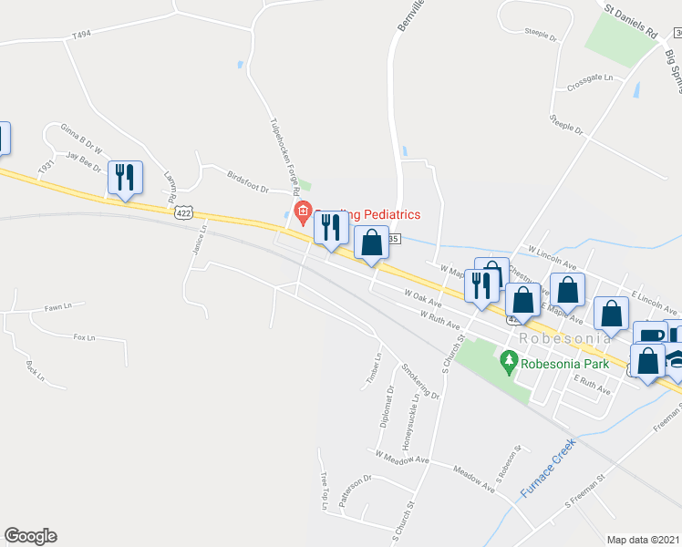 map of restaurants, bars, coffee shops, grocery stores, and more near 444 West Oak Avenue in Robesonia