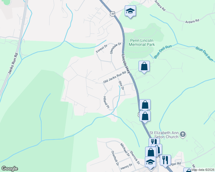 map of restaurants, bars, coffee shops, grocery stores, and more near 209 Old Jacks Run Road in Irwin