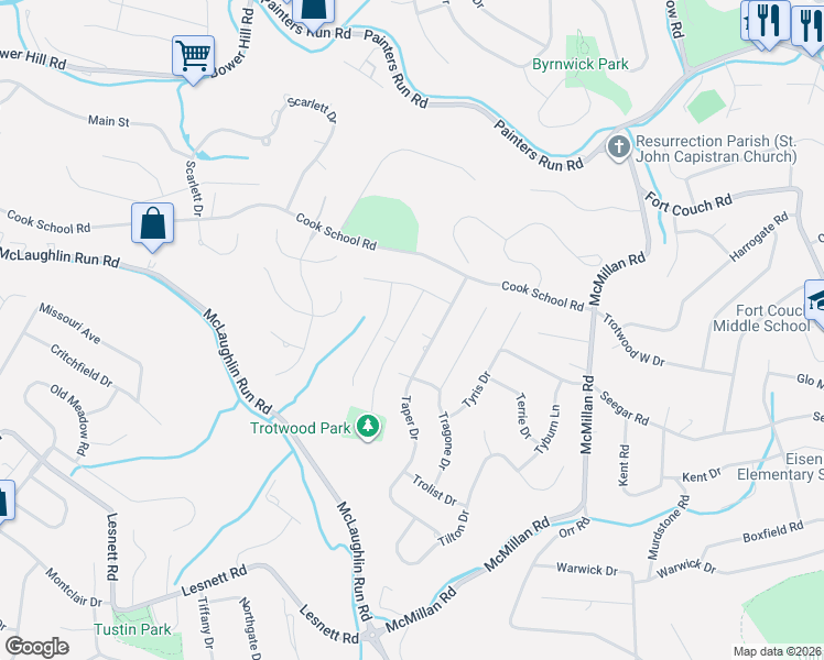map of restaurants, bars, coffee shops, grocery stores, and more near 1759 Robson Drive in Pittsburgh