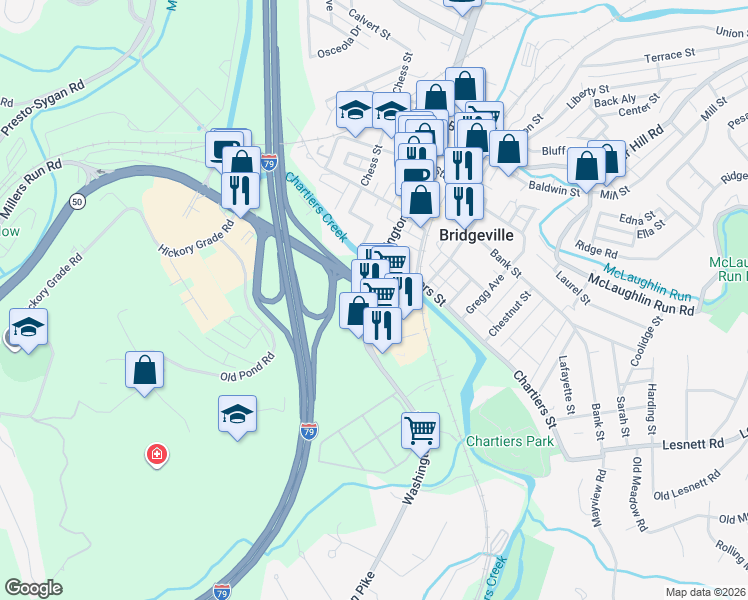 map of restaurants, bars, coffee shops, grocery stores, and more near 3011 Washington Pike in Bridgeville