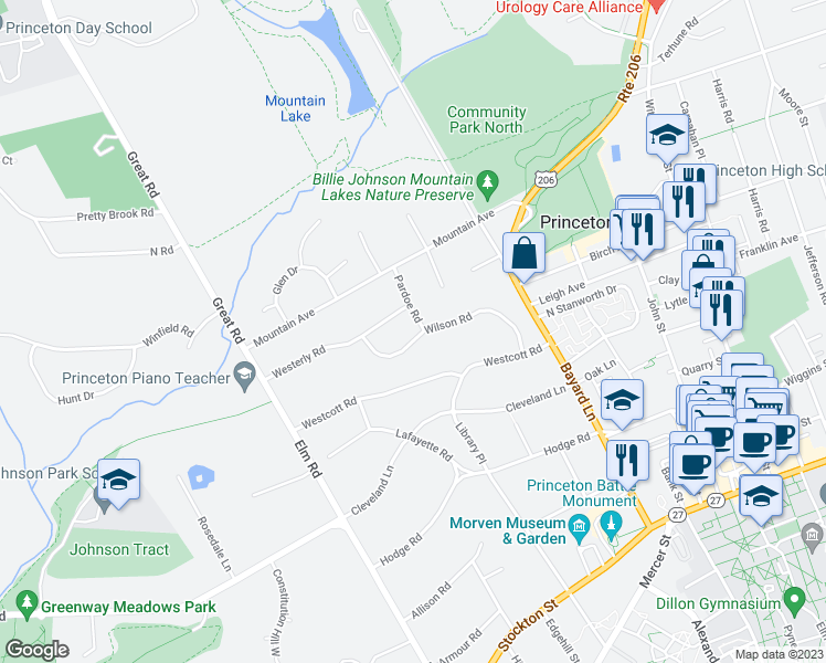 map of restaurants, bars, coffee shops, grocery stores, and more near 2 Pardoe Road in Princeton