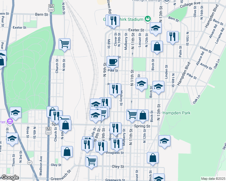 map of restaurants, bars, coffee shops, grocery stores, and more near 1237 Moss Street in Reading
