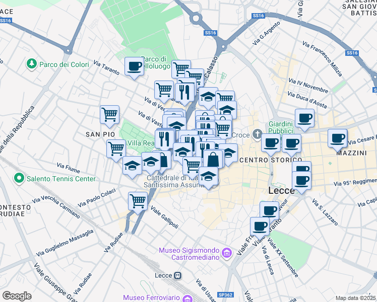 map of restaurants, bars, coffee shops, grocery stores, and more near 45 Viale dell'Università in Lecce