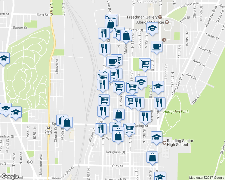 map of restaurants, bars, coffee shops, grocery stores, and more near 1237 Moss Street in Reading