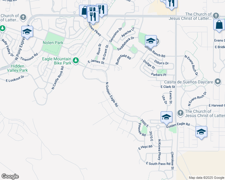 map of restaurants, bars, coffee shops, grocery stores, and more near 3634 Jacob's Way in Eagle Mountain
