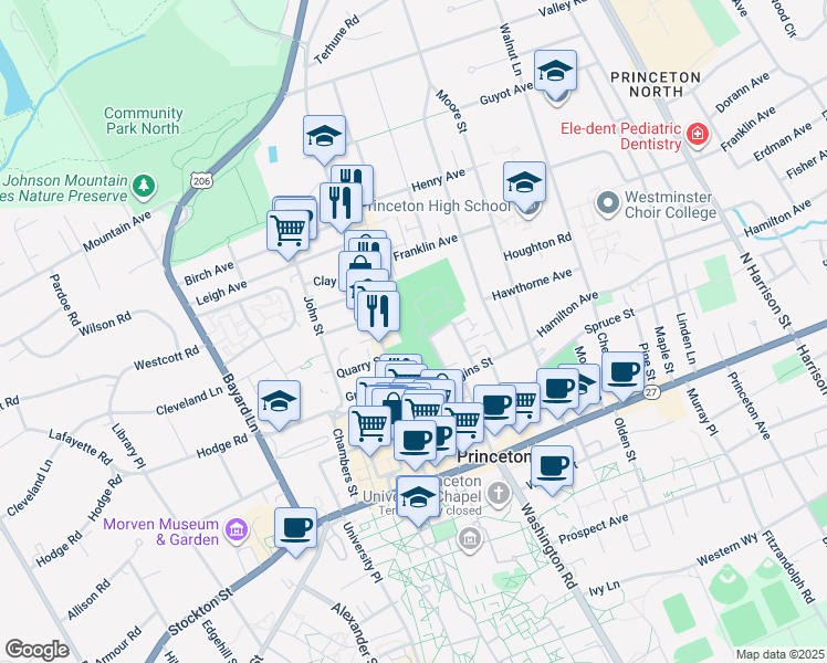 map of restaurants, bars, coffee shops, grocery stores, and more near 5 Shirley Court in Princeton