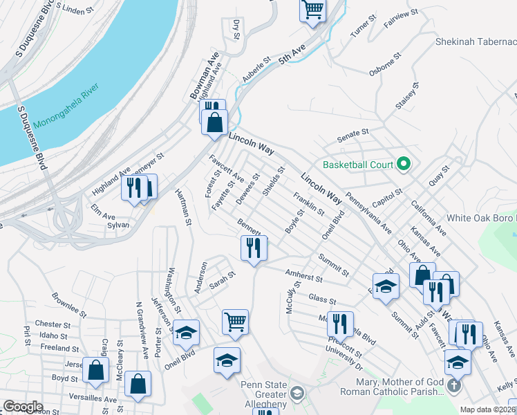 map of restaurants, bars, coffee shops, grocery stores, and more near 818 Fawcett Avenue in McKeesport