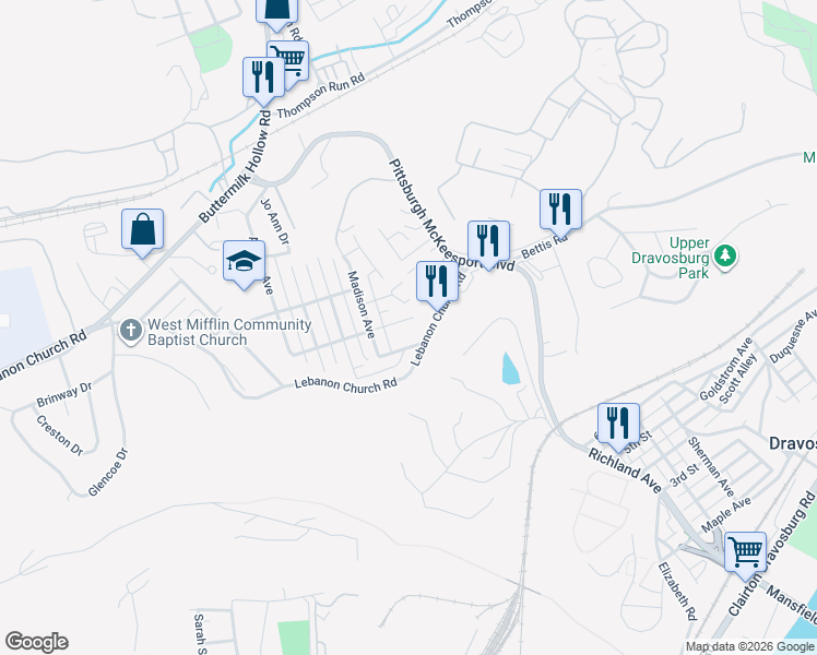 map of restaurants, bars, coffee shops, grocery stores, and more near 1729 Morton Avenue in West Mifflin
