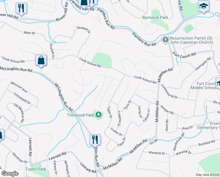 map of restaurants, bars, coffee shops, grocery stores, and more near 1759 Robson Drive in Pittsburgh