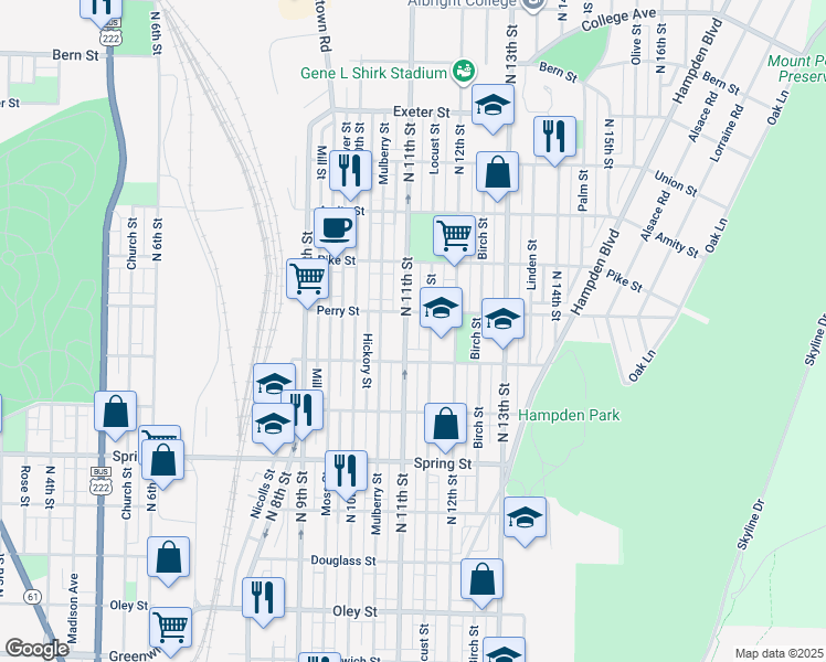 map of restaurants, bars, coffee shops, grocery stores, and more near 1235 North 11th Street in Reading