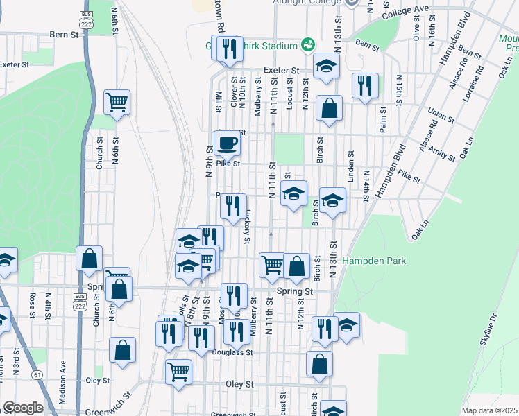 map of restaurants, bars, coffee shops, grocery stores, and more near 1034 Perry Street in Reading