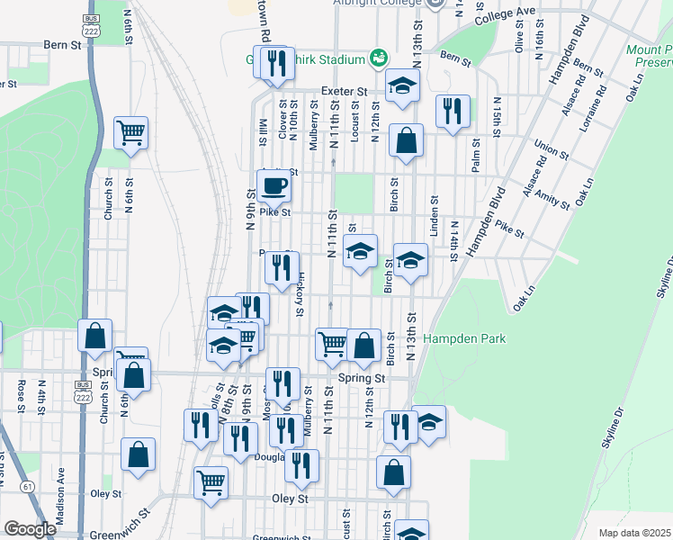 map of restaurants, bars, coffee shops, grocery stores, and more near 1235 North 11th Street in Reading