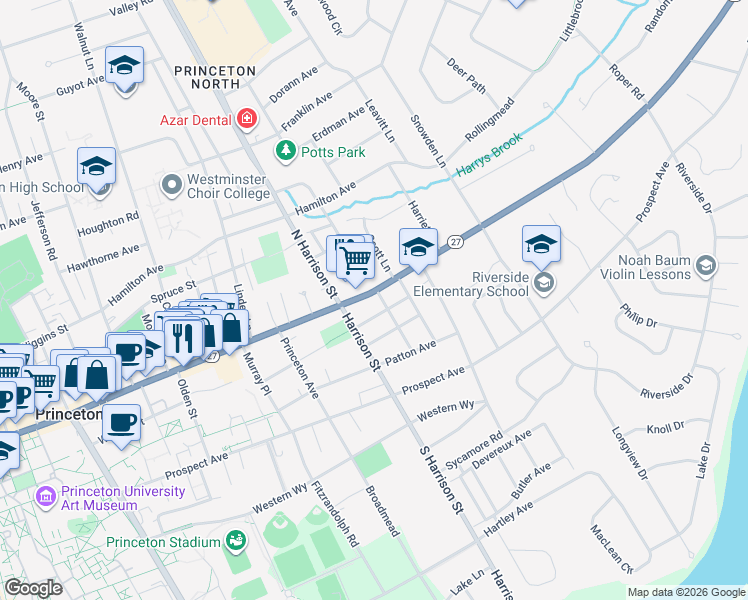 map of restaurants, bars, coffee shops, grocery stores, and more near 366 Nassau Street in Princeton