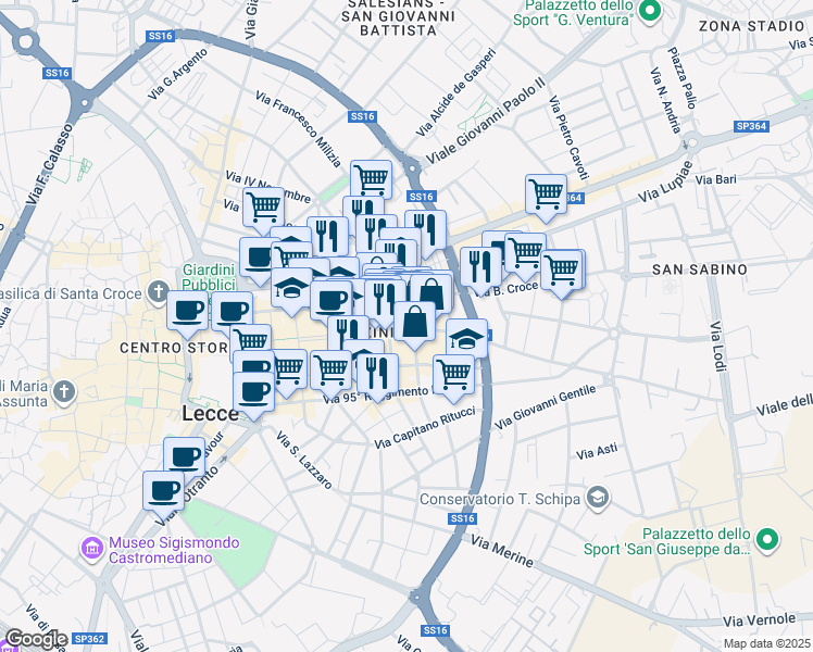 map of restaurants, bars, coffee shops, grocery stores, and more near 38-54 Via Matteo Renato Imbriani in Lecce