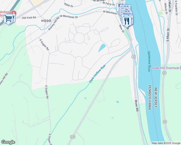 map of restaurants, bars, coffee shops, grocery stores, and more near 128 West Riverwoods Drive in New Hope