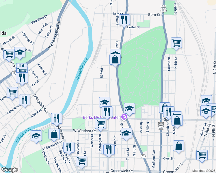 map of restaurants, bars, coffee shops, grocery stores, and more near 1220 North Front Street in Reading