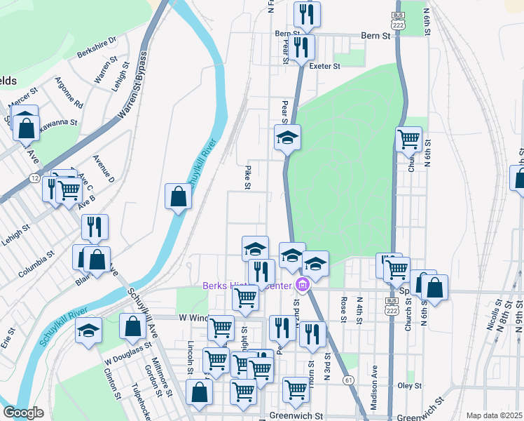 map of restaurants, bars, coffee shops, grocery stores, and more near 1220 North Front Street in Reading